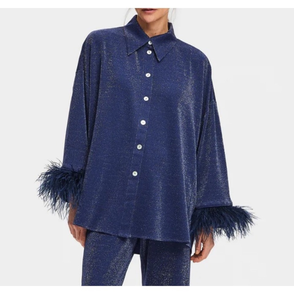 SLEEPER Cosmos Metallic Oversized Top Womens XS Blue Feathers Glam Luxury Chic